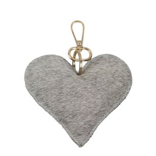 sleutelhanger koehuid hart grijs medium 11cm goud