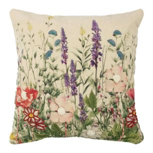 Cushion embroidered wild flowers purple larkspur 45x45cm