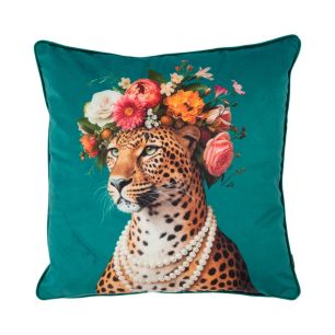 Coussin Portrait jaguar pétrole 45x45cm