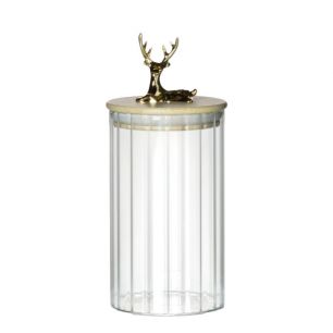 Canister Jar Glass Wooden lid Deer h15,5 d9