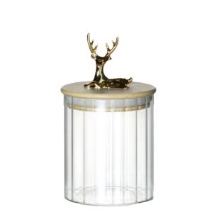 Canister Jar Glass Wooden lid Deer h10,5 d9