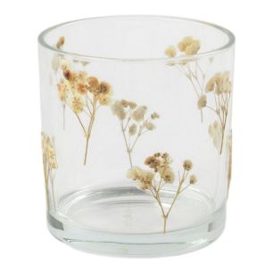 Porte-bougie chauffe-plat décoré de fleurs séchées collées à la main, blanc cassé, 12 x 12 x 12 cm
